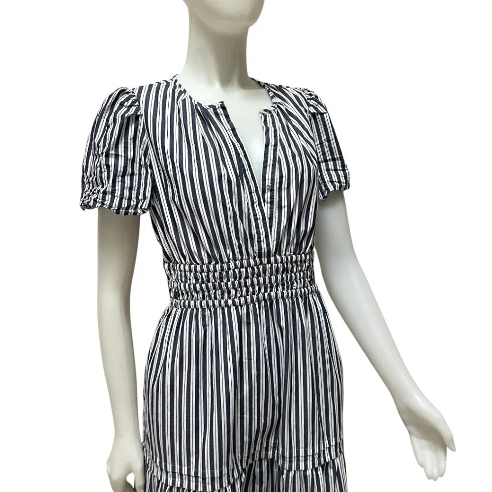 Quince Organic Cotton Tiered Maxi Dress‎ Navy White Stripe Smocked Resortwear M - Picture 14 of 17